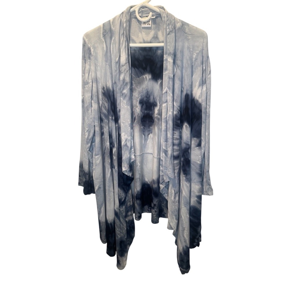 Parsley & Sage Blue White Tie Dye Open Front Waterfall Cardigan 1X Rayon Boho